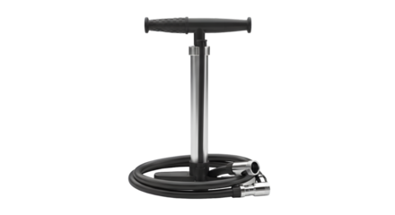 A silver and black bicycle pump with a coiled hose and handle, isolated on transparent background