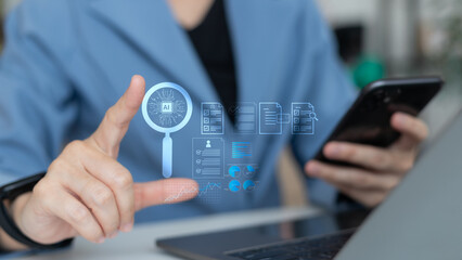 Businesswoman using AI-powered virtual magnifying glass to analyze documents and visualize data, concept of artificial intelligence in business workflow