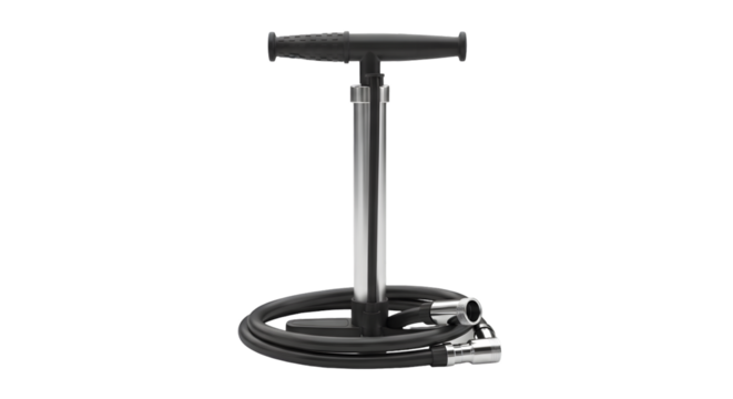 A silver and black bicycle pump with a coiled hose and handle, isolated on transparent background