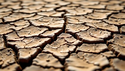 a close up view of cracked, brown soil in a pattern that resembles cracked tiles or a mosaic.
