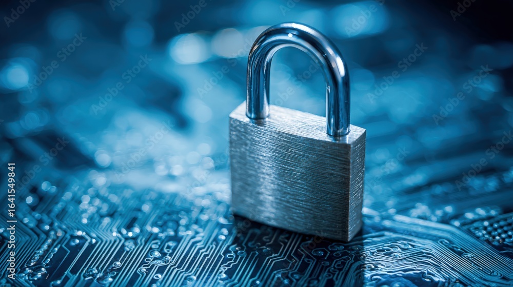 Poster padlock on circuit board illustrating cyber security and data protection in technology environment