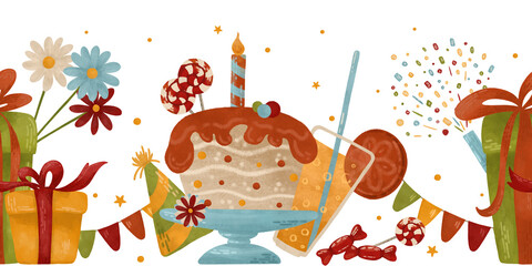 Festive seamless horizontal border: cupcake, candle, candy, garland, confetti, flowers, gifts. Watercolor, pastel illustration in autumn colors. For printing design