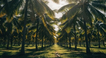 Rows of palm trees receding to a distant, bright horizon