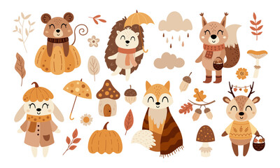 Autumn woodland animals clipart set, fall leaves, mushrooms and flowers in cartoon vector style.