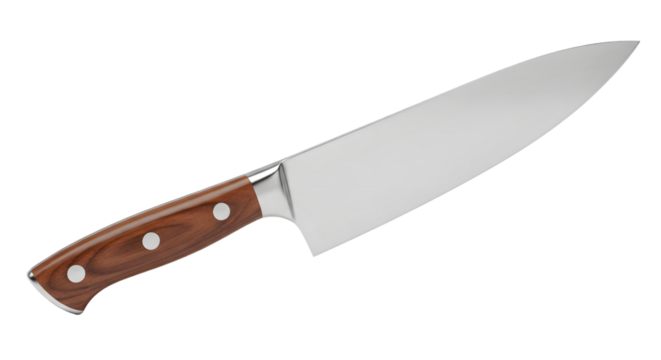 A sharp steel chefs knife with a wooden handle, isolated on transparent background