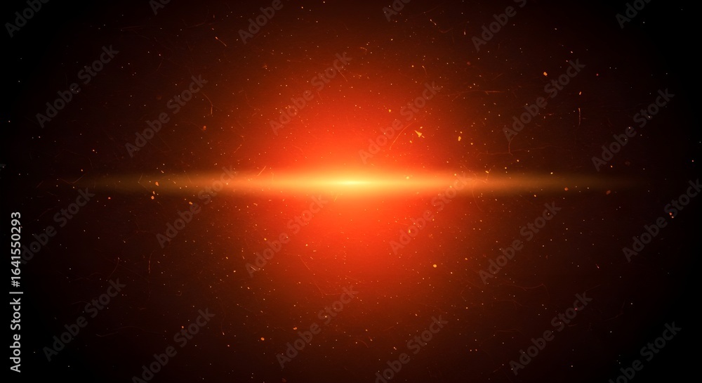 Poster horizontal orange light flare with floating dust particles on a dark background