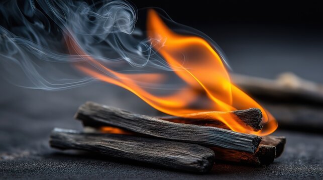 Dramatic burning wood torch with wind-blown flames isolated on dark backdrop, ideal for survivalist content or apocalyptic themed designs - Powered by Adobe