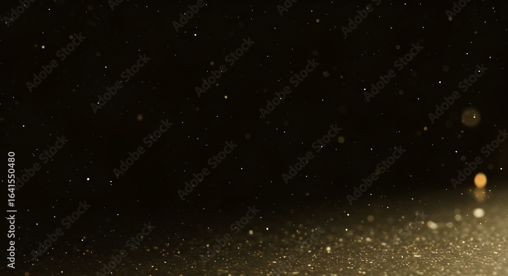 Poster golden glittering dust particles floating on a dark surface with soft bokeh lights