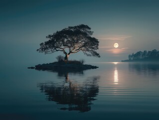 Moonlit Lake with Solitary Tree, Serene Natural Landscape, Ambient Scene Design