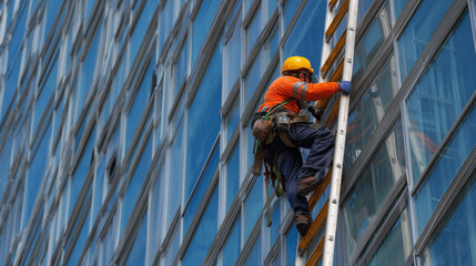 A man in an orange shirt is on a ladder