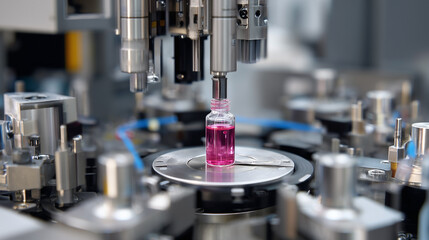 Fototapeta premium A machine is making a bottle with a pink liquid inside