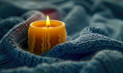 Yellow Candle in Blue Knit Sweater Cozy Winter Still Life