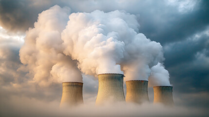 A large stack of smokestacks with steam coming out of them