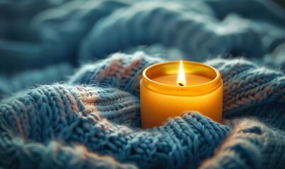Yellow Candle in Blue Knit Sweater Cozy Winter Still Life