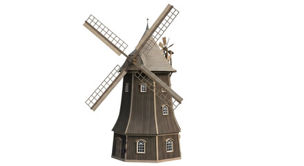Fototapeta premium A traditional wooden windmill with four sails, isolated on a transparent background, representing rural architecture and history