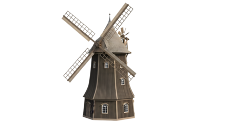 A traditional wooden windmill with four sails, isolated on a transparent background, representing rural architecture and history