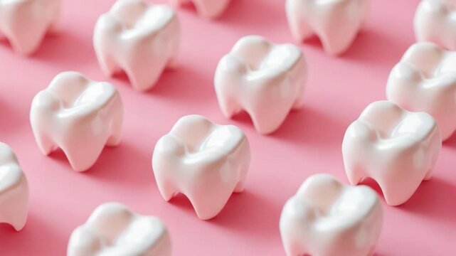 Close-Up of White Teeth Models Displayed on Pink Background for Dental Health and Education Purposes 4k video footage