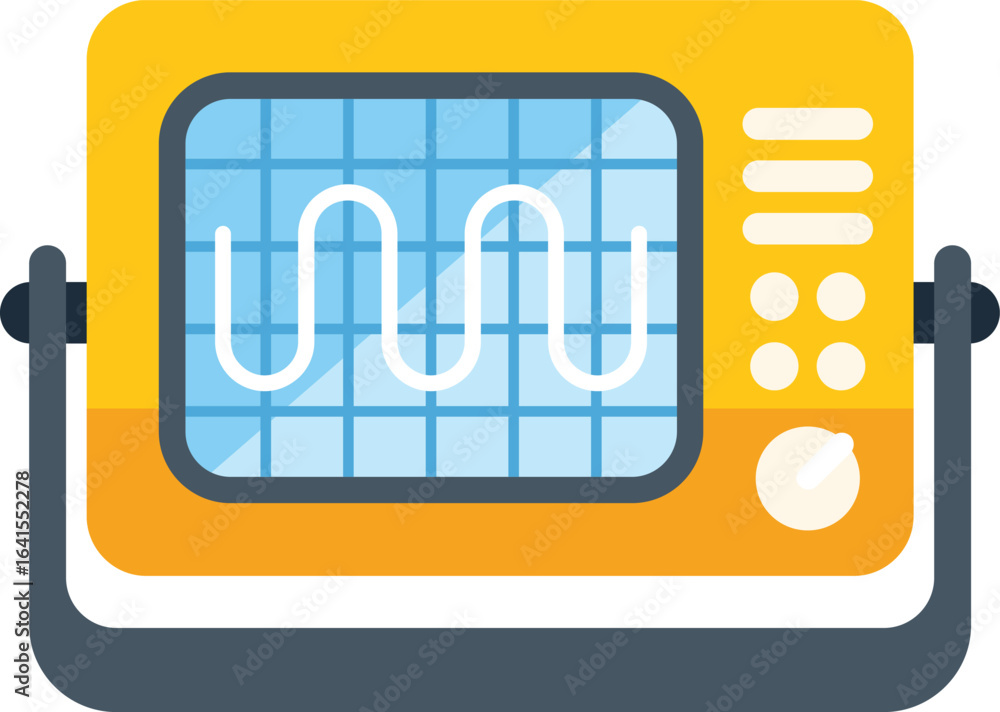 Poster simple icon of an oscilloscope measuring electrical signals with a grid and a white line on a blue s