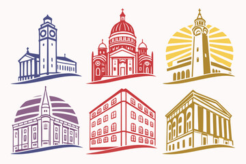 Collection of six diverse architectural building illustrations