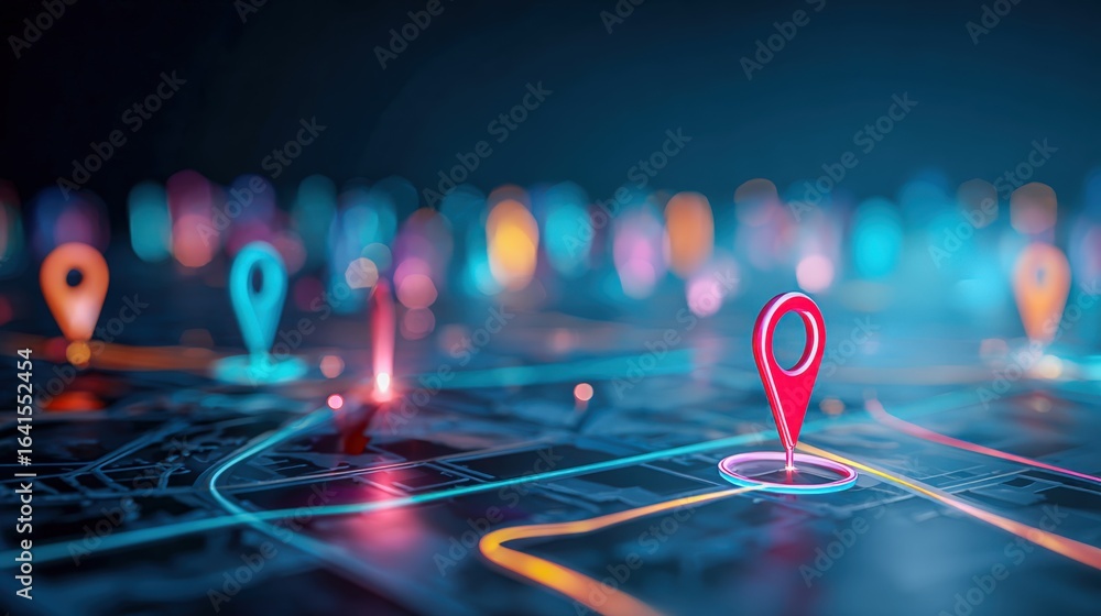 Poster navigation concept with location pin markers displayed on a digital map and glowing data streams