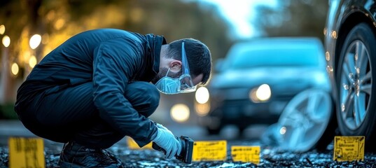 Crime Scene Forensic Investigator Collecting Evidence with Attention to Detail at Investigation Site