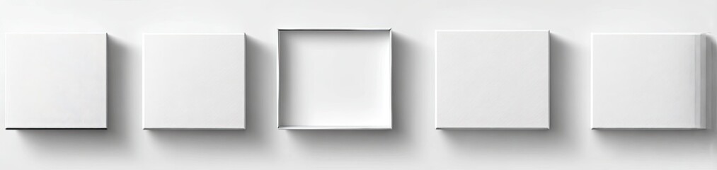 Five blank white boxes arranged in a horizontal row