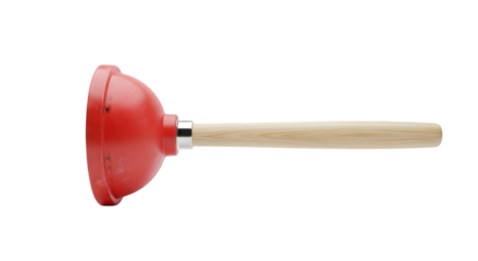 Red rubber plunger with a wooden handle, isolated on transparent background