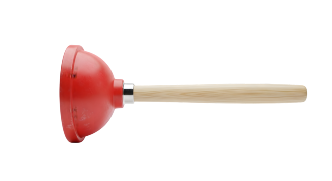Red rubber plunger with a wooden handle, isolated on transparent background