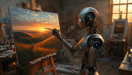 Ai robot painting a landscape in a studio