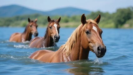 Fototapeta premium Horses Wading in Water, Natural Landscape and Wildlife Dynamic Scene