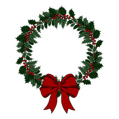 Christmas plant holly berries frame wreath and red bow. Winter seasonal decoration plant with green leaves. Xmas and New Year element collection 