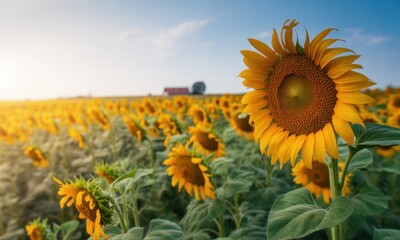 Sunny sunflower field stretches to horizon under a blue sky, distant farm in sight