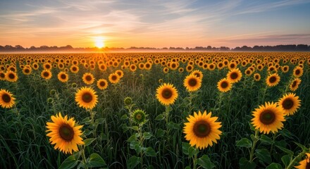 Fototapeta premium Sunflower field meets sunrise; golden light over misty horizon, serene landscape