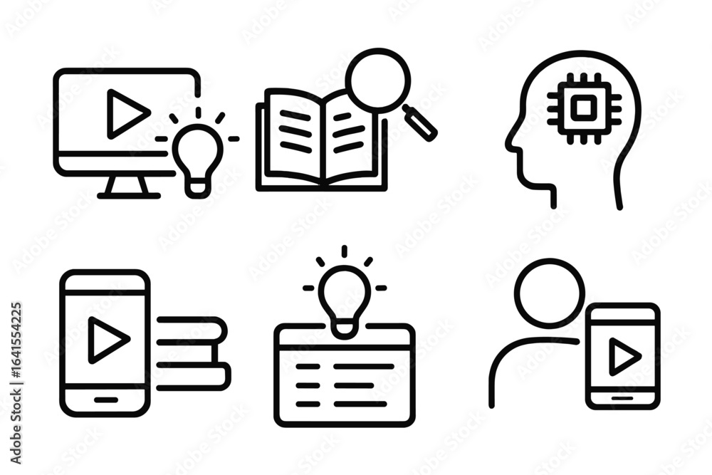Poster icons representing various methods of learning and knowledge acquisition through technology and book