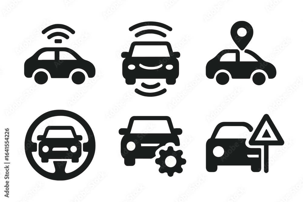 Poster collection of car icons depicting various functions and features related to modern vehicles and tech