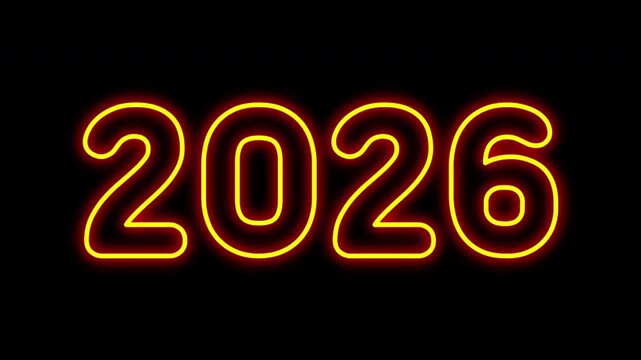 Yellow neon “2026” text on black background. Glowing outline forms first, followed by flickering numbers that drop from the top. Seamless loop, 4K horizontal video.