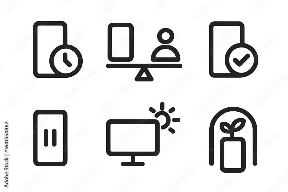 Poster technology icons representing time management, scheduling, and productivity in a modern office setti
