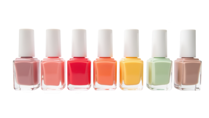 Colorful nail polish bottles arranged row, showcasing various shades including pink, red, orange, yellow, green, and beige. Perfect for beauty
