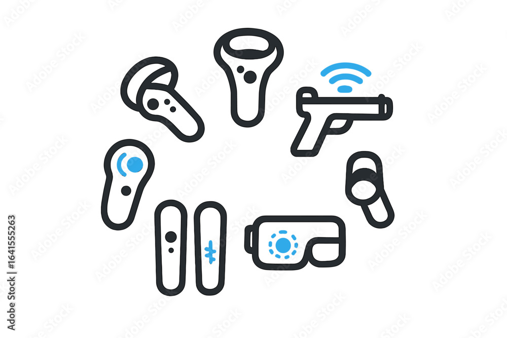 Poster different gaming controllers and devices displayed in a circular arrangement around a central object