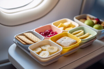 Colorful In-Flight Snack Tray with Crackers, Fruits, and Pastry