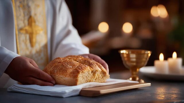 Priest presenting communion bread with a chalice and candles in a sacred ceremony.