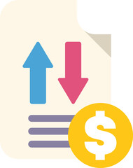 Flat icon style illustration depicting a document representing money transfer with up and down arrows