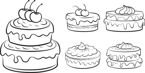 A collection of cake silhouettes featuring detailed icing, cherries, and whipped cream designs, ideal for food-related illustrations and bakery-themed graphics.