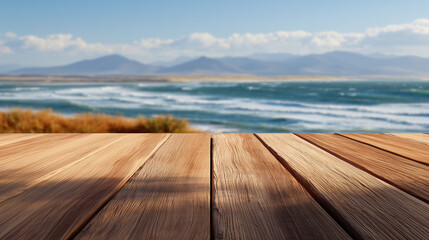 Fototapeta premium Smooth polished wooden planks neatly aligned with scenic ocean waves and distant mountain landscape under blue sky with soft clouds
