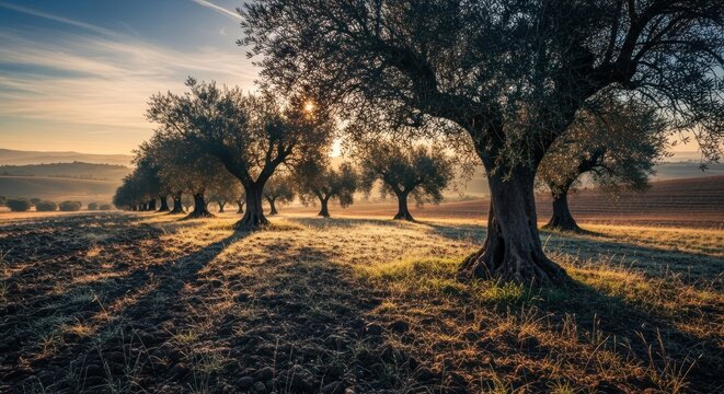 Sunny olive grove at dawn; long shadows, textured ground, line of trees receding