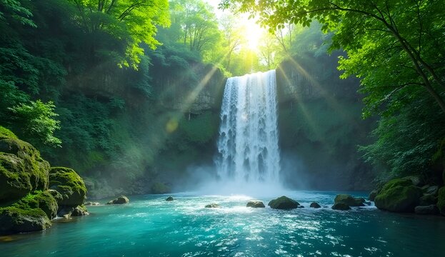 Lush green forest waterfall with sunbeams shining through the trees