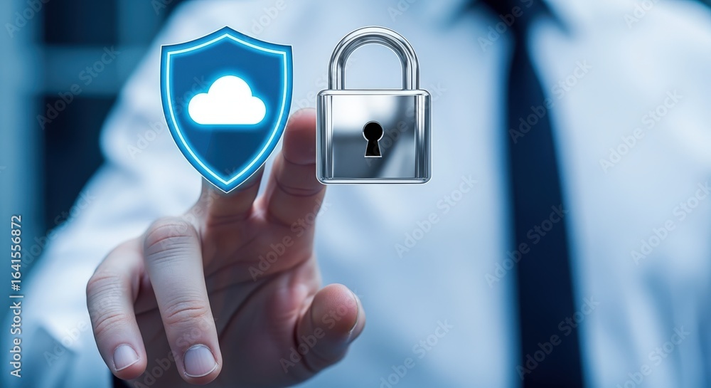 Aufkleber cloud security technology: man activating a shield and lock for data protection and cyber security