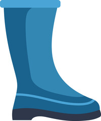 Single blue rubber boot standing side view, waterproof footwear for gardening and rainy weather