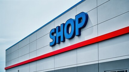 Fototapeta premium Facade of a modern retail building featuring blue signage against a white and gray exterior