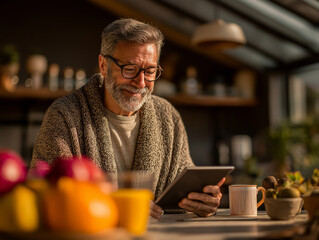 elderly man using a tablet at a bright kitchen counter with a bowl of fresh fruit beside him